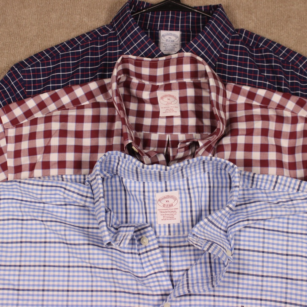 Lot of 3 Brooks Brothers Mens XL Dress Shirts Non-Iron Plaid Gingham Check